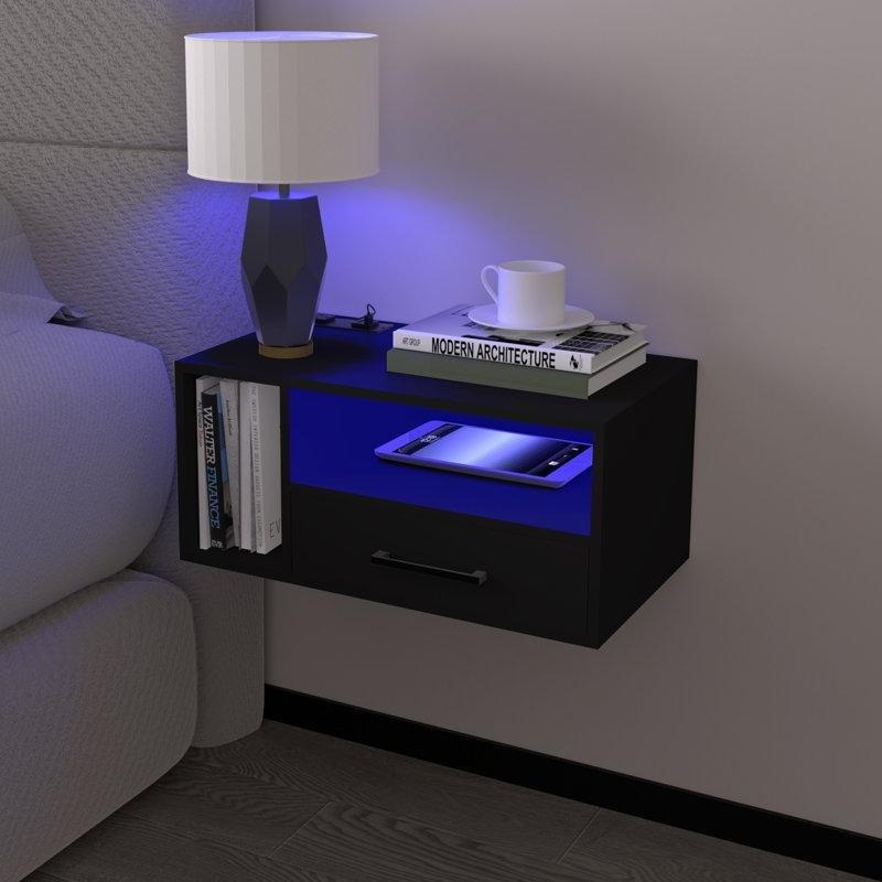 Siyah Endüstriyel Ahşap RGB Ledli ve Şarj İstasyonlu Duvara Monte Komodin - 55x30x26 cm - 127379