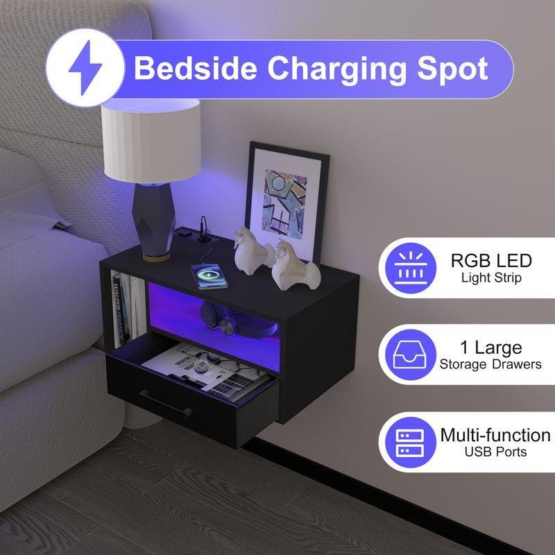 Siyah Endüstriyel Ahşap RGB Ledli ve Şarj İstasyonlu Duvara Monte Komodin - 55x30x26 cm - 127379