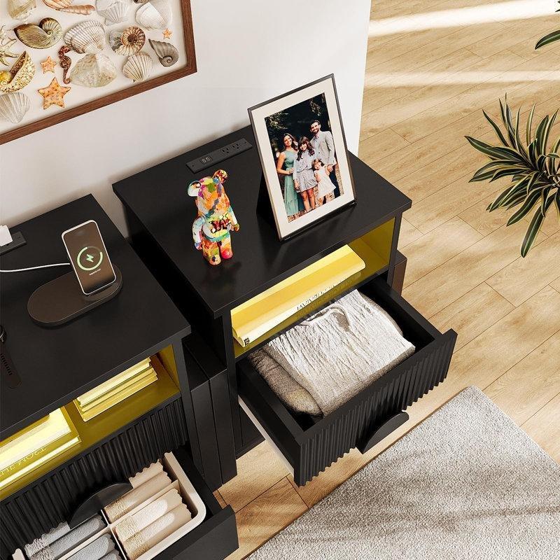 Siyah Endüstriyel Ahşap RGB Ledli ve Şarj İstasyonlu İkili Komodin Seti - 52x41x60 cm - 127121