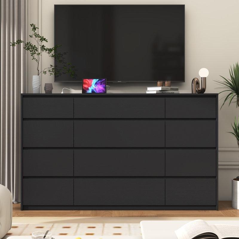 Siyah Endüstriyel Ahşap Şarj İstasyonlu ve 12 Çekmeceli Şifonyer - 160x95 cm - 122977