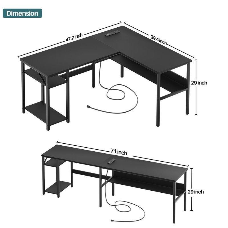 Siyah Endüstriyel Ahşap USB Portlu Kablo Düzenleyicili L Şekilli Bilgisayar Masası-74x120x101 cm - 116763