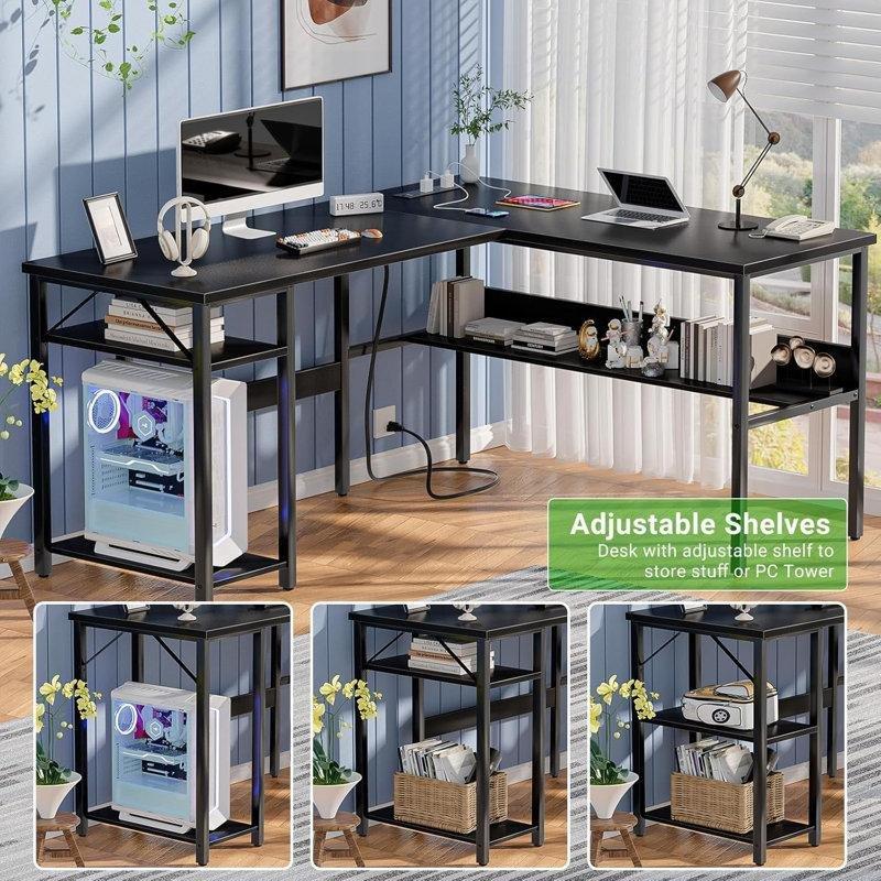 Siyah Endüstriyel Ahşap USB Portlu Kablo Düzenleyicili L Şekilli Bilgisayar Masası-74x120x101 cm - 116763