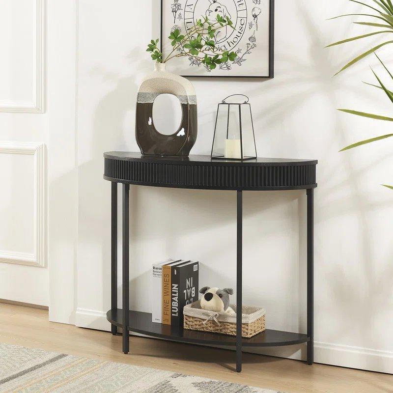 Siyah Endüstriyel Ahşap ve Metal Ayaklı Yivli Oval Dresuar - 94x34x81 cm - 132322