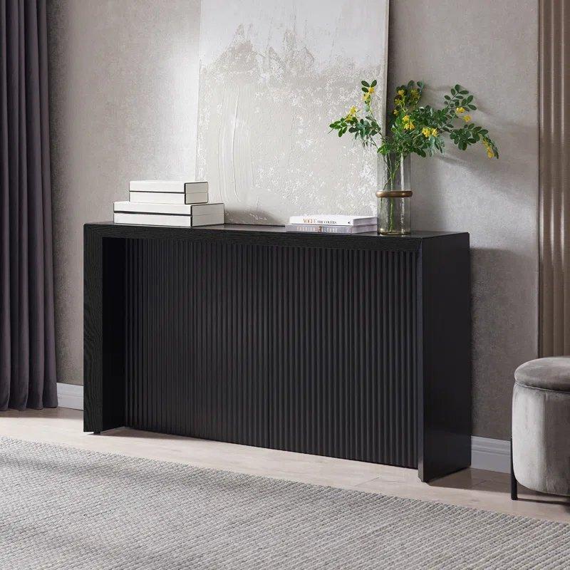 Siyah Endüstriyel Ahşap Yivli Detaylı Kızak Ayaklı Dresuar - 142x30x77 cm - 133000