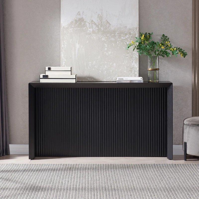 Siyah Endüstriyel Ahşap Yivli Detaylı Kızak Ayaklı Dresuar - 142x30x77 cm - 133000