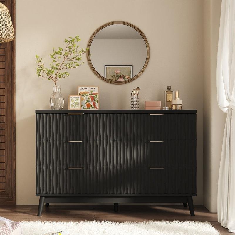 Siyah Endüstriyel Ahşap Yivli Tasarım Gold Kulplu 6 Çekmeceli Şifonyer - 120x80 cm - 122923