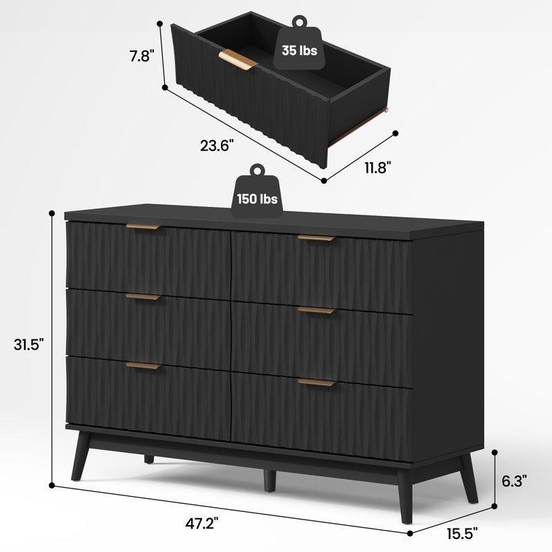 Siyah Endüstriyel Ahşap Yivli Tasarım Gold Kulplu 6 Çekmeceli Şifonyer - 120x80 cm - 122923