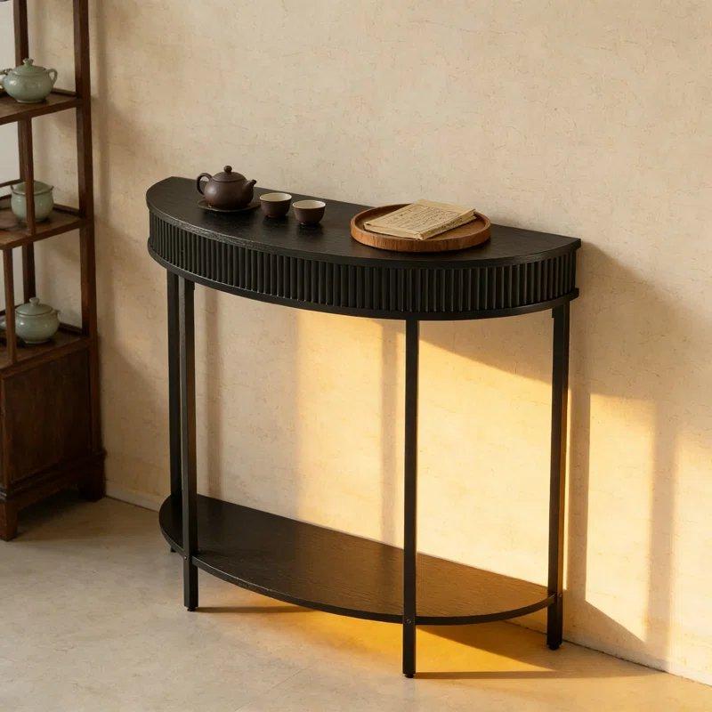Siyah Endüstriyel Ahşap Yivli ve Çift Raflı Yarım Ay Oval Dresuar - 93x33x80 cm - 132167