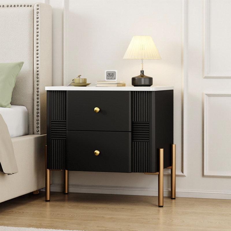 Siyah Endüstriyel Ahşap Yivli ve Gold Detaylı Komodin - 55x55x40 cm - 128116