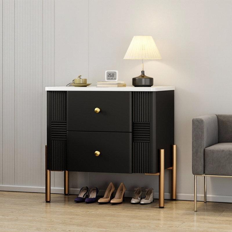 Siyah Endüstriyel Ahşap Yivli ve Gold Detaylı Komodin - 55x55x40 cm - 128116