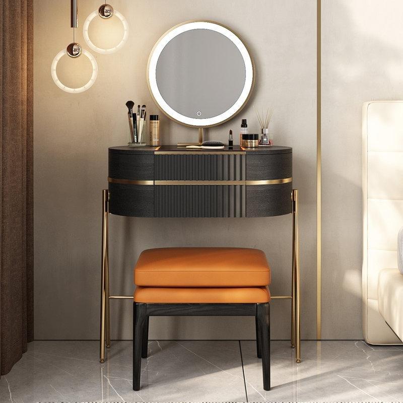 Siyah Gold Cam Tablalı LED Aynalı ve Puflu Makyaj Masası - 68 cm - 121312