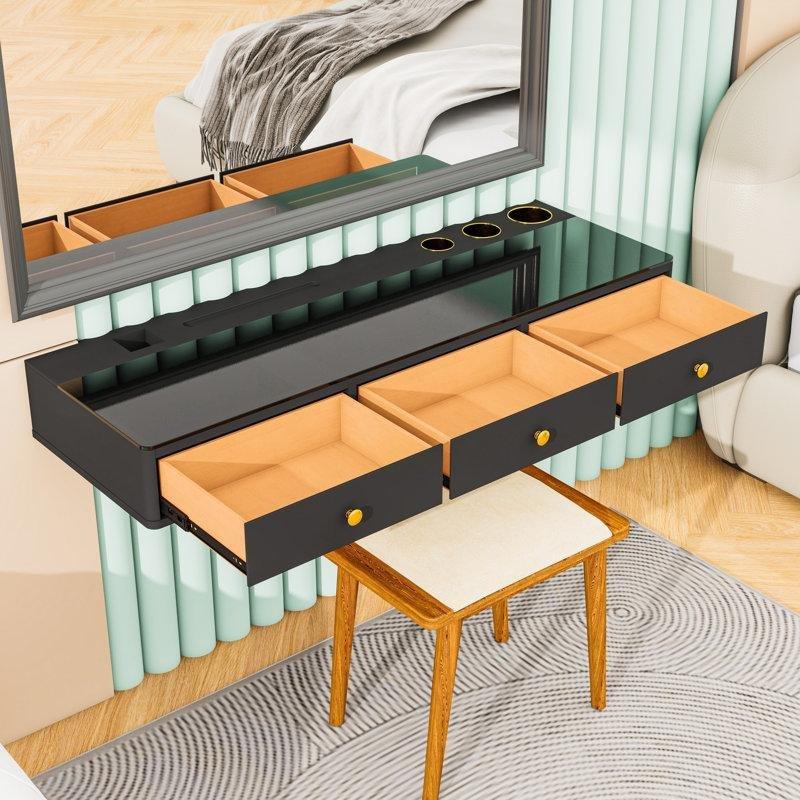 Siyah Gold Cam ve MDF 3 Çekmeceli Organizerli Duvara Monte Makyaj Masası - 121 cm - 121438