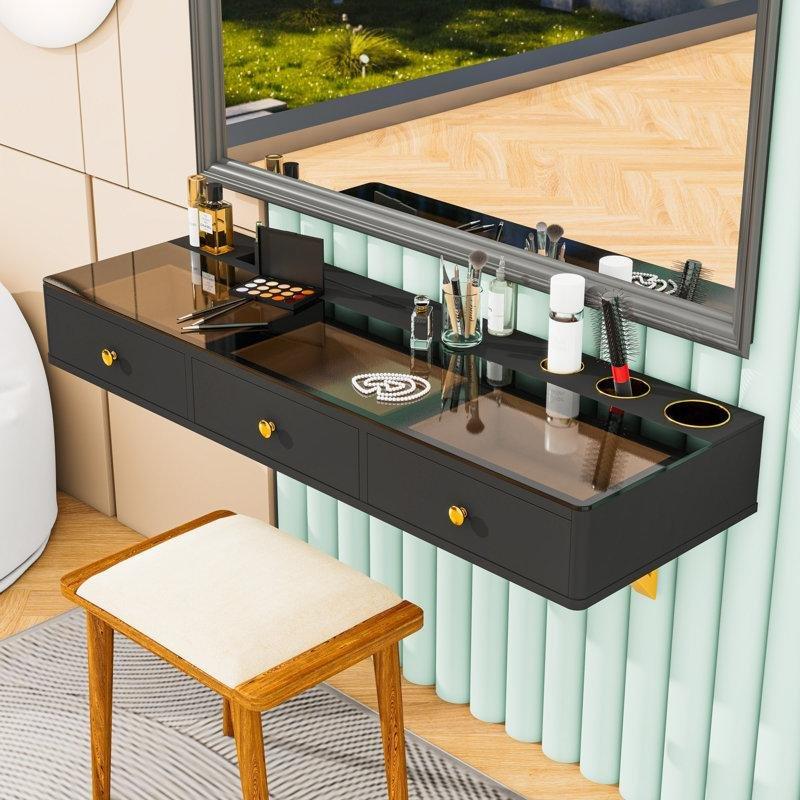 Siyah Gold Cam ve MDF 3 Çekmeceli Organizerli Duvara Monte Makyaj Masası - 121 cm - 121438