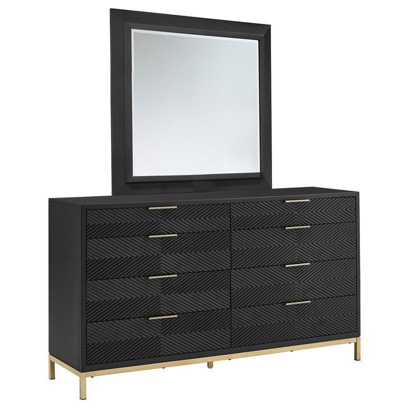 Siyah Gold Detaylı MDF ve Metal 8 Çekmeceli Şevron Desenli Aynalı Şifonyer - 163 cm - 123963