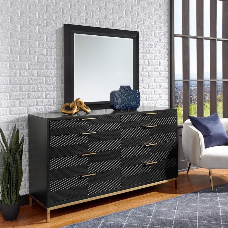 Siyah Gold Detaylı MDF ve Metal 8 Çekmeceli Şevron Desenli Aynalı Şifonyer - 163 cm - 123963