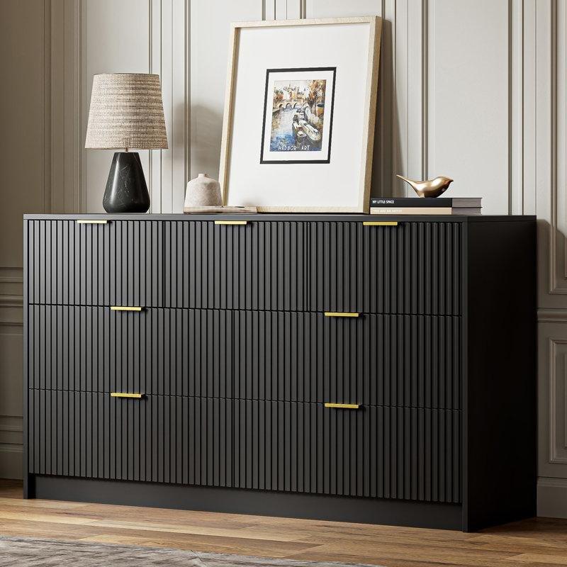 Siyah Gold Kulplu Yivli Tasarım 7 Çekmeceli Şifonyer - 140x80 cm - 123052