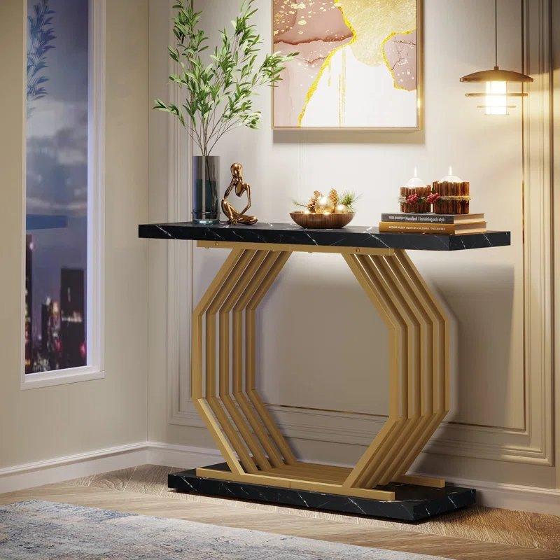 Siyah Gold Mermer Desenli Metal Geometrik Ayaklı Dresuar - 100x30 cm - 132019