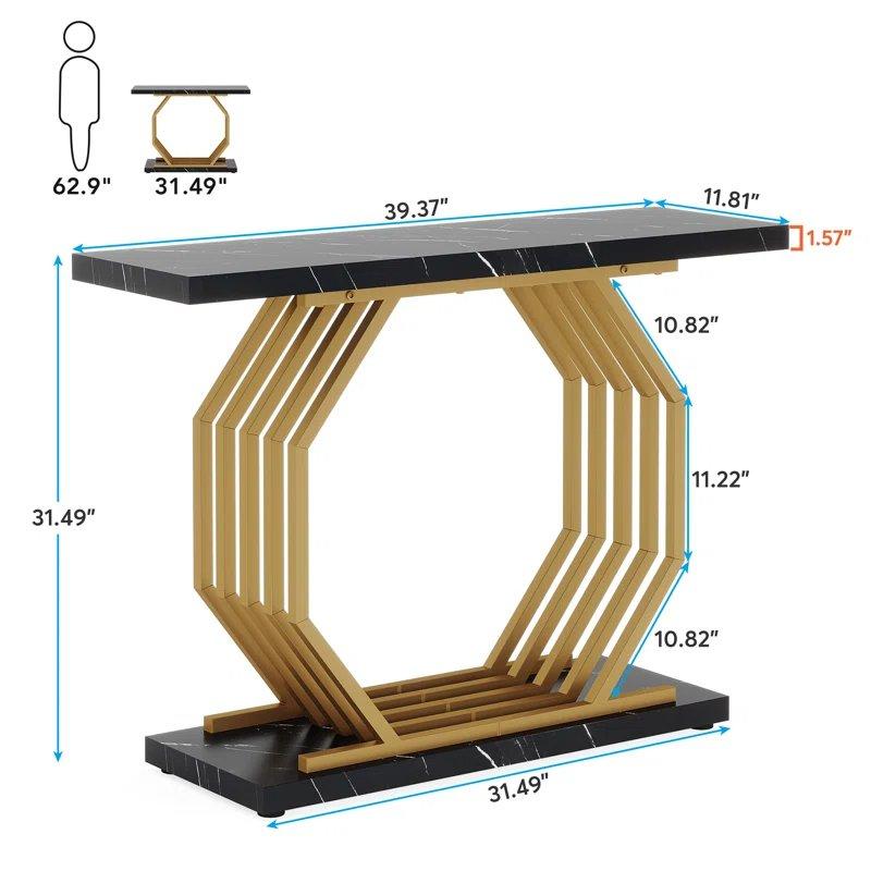 Siyah Gold Mermer Desenli Metal Geometrik Ayaklı Dresuar - 100x30 cm - 132019