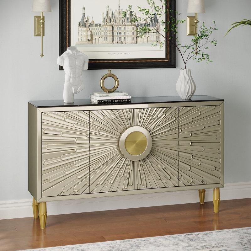 Siyah Gold Mermer Üst Tablalı Işınsal Desenli Kapaklı Gold Konsol - 160 cm - 129052