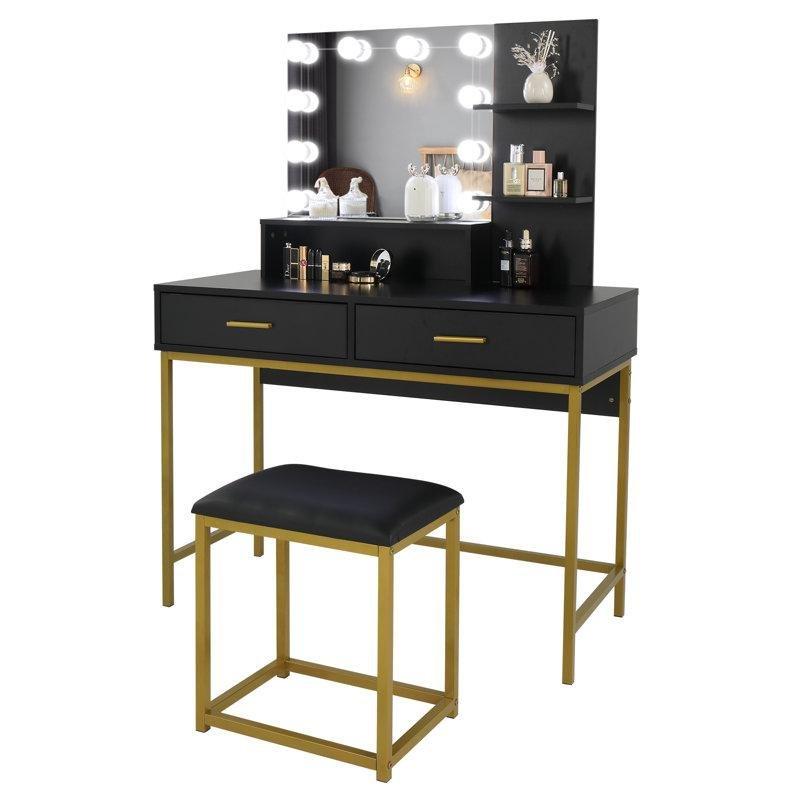 Siyah Gold Metal Ayaklı Işıklı ve Raflı Makyaj Masası - 100x45x136 cm - 121786