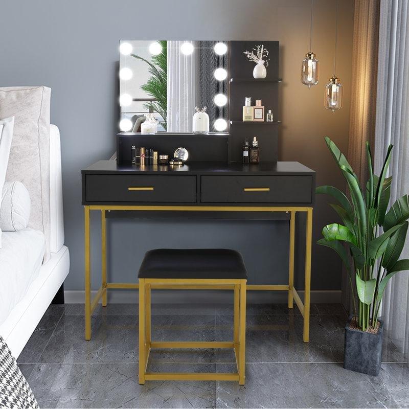Siyah Gold Metal Ayaklı Işıklı ve Raflı Makyaj Masası - 100x45x136 cm - 121786