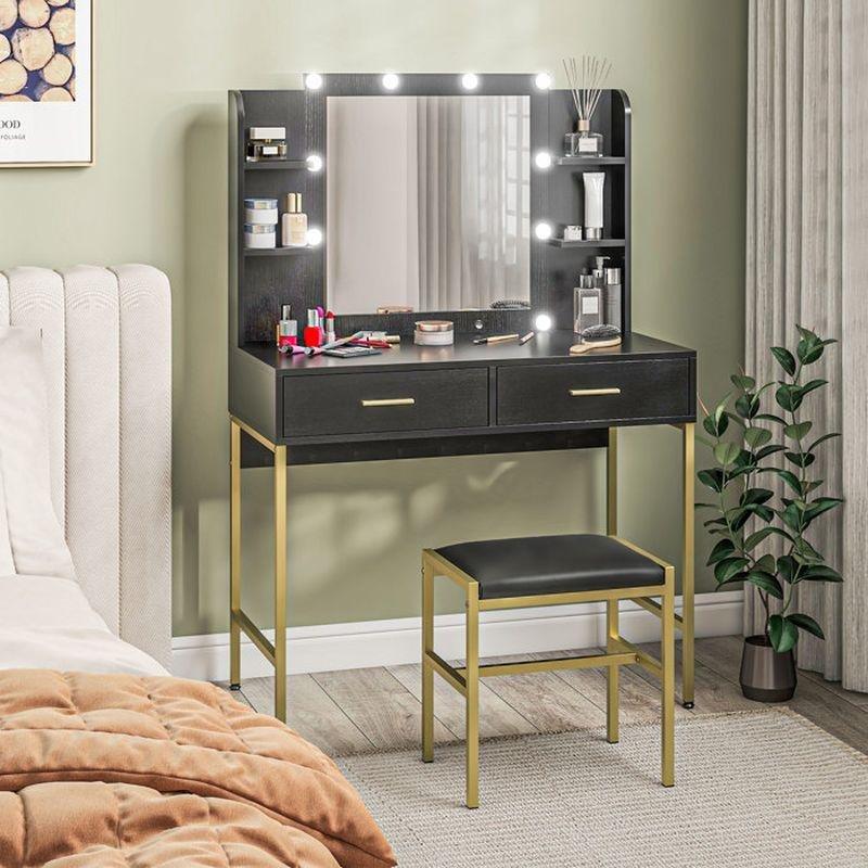 Siyah Gold Metal Ayaklı LED Işıklı ve Tabureli Makyaj Masası - 90x45x133 cm - 122194