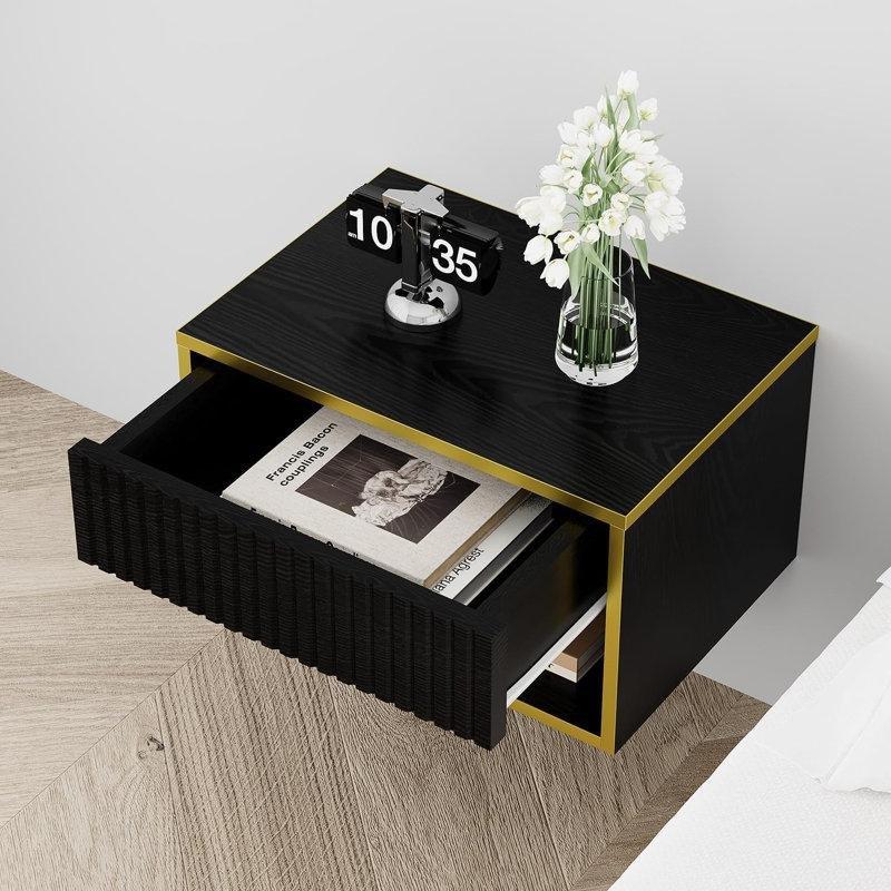 Siyah Gold Yivli Çekmeceli ve Raflı Duvara Monte Komodin - 40x28x23 cm - 127298