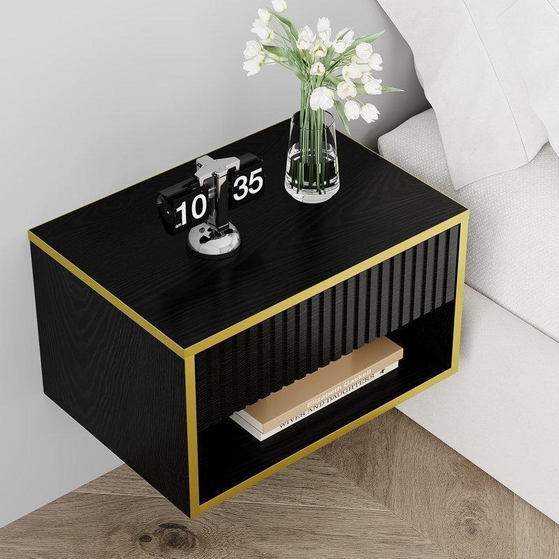 Siyah Gold Yivli Çekmeceli ve Raflı Duvara Monte Komodin - 40x28x23 cm - 127298