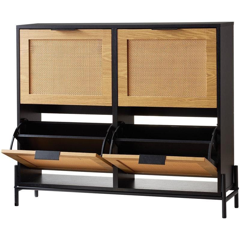 Siyah Gövde Masif Ahşap Rattan Detaylı 4 Bölmeli Düşer Kapaklı Hasır Ayakkabılık - 104x24x88 cm - 120955