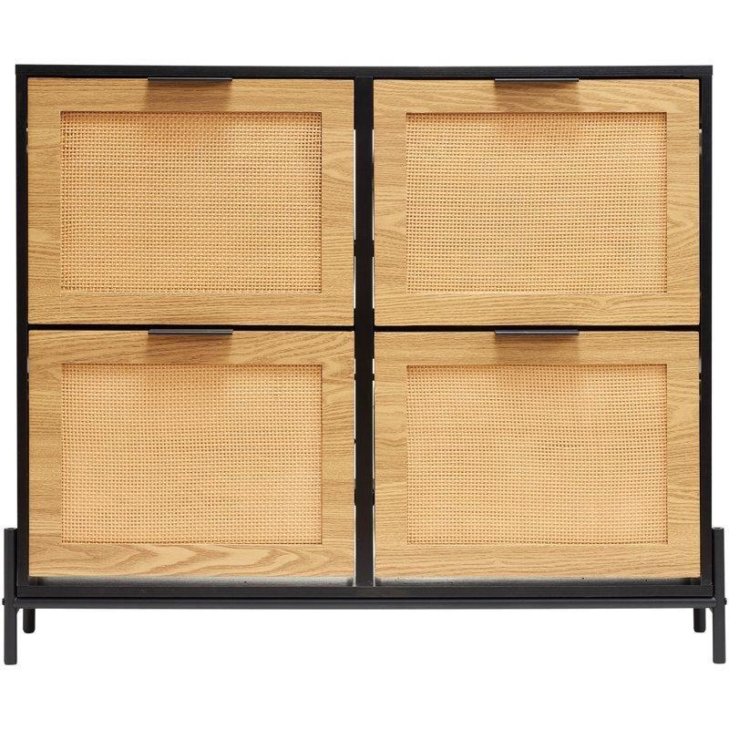 Siyah Gövde Masif Ahşap Rattan Detaylı 4 Bölmeli Düşer Kapaklı Hasır Ayakkabılık - 104x24x88 cm - 120955