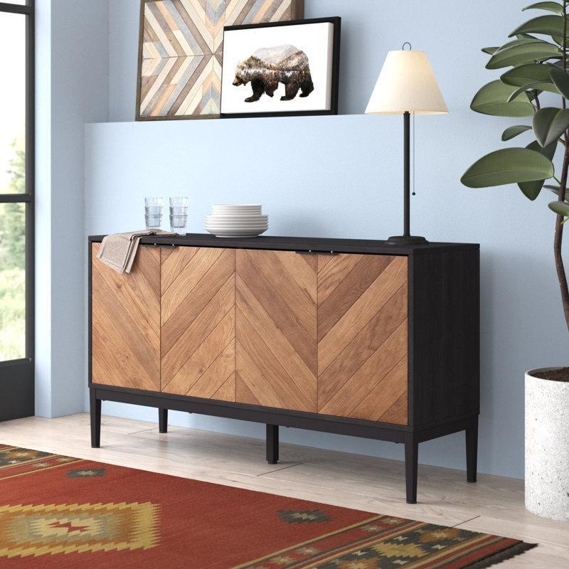 Siyah Gövdeli Endüstriyel Ahşap Balıksırtı Desenli 4 Kapaklı Konsol - 140x40 cm - 128596
