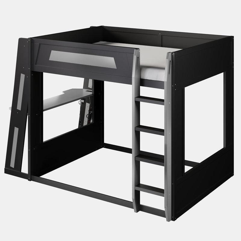 Siyah Gri Masif Ahşap LED Işıklı ve USB Portlu Çalışma Masalı Gamer Ranza - 158x249 cm - 124464