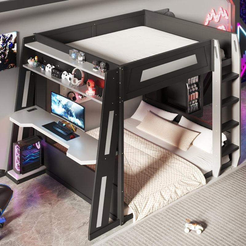Siyah Gri Masif Ahşap LED Işıklı ve USB Portlu Çalışma Masalı Gamer Ranza - 158x249 cm - 124464