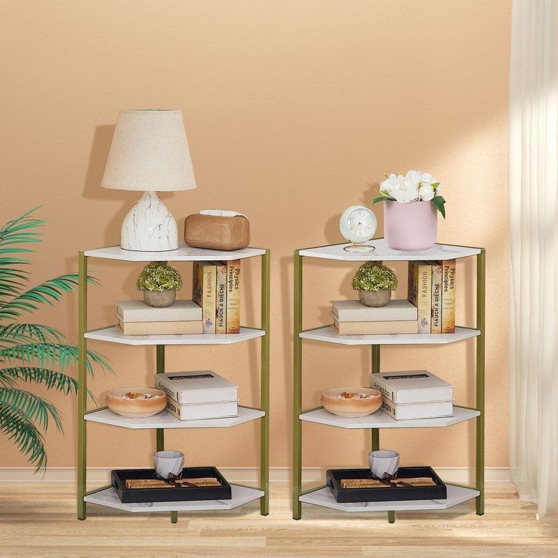 Siyah İskeletli Ahşap Desenli 4 Raflı Köşe Kitaplık 2li Set - 79x40 cm - 141853