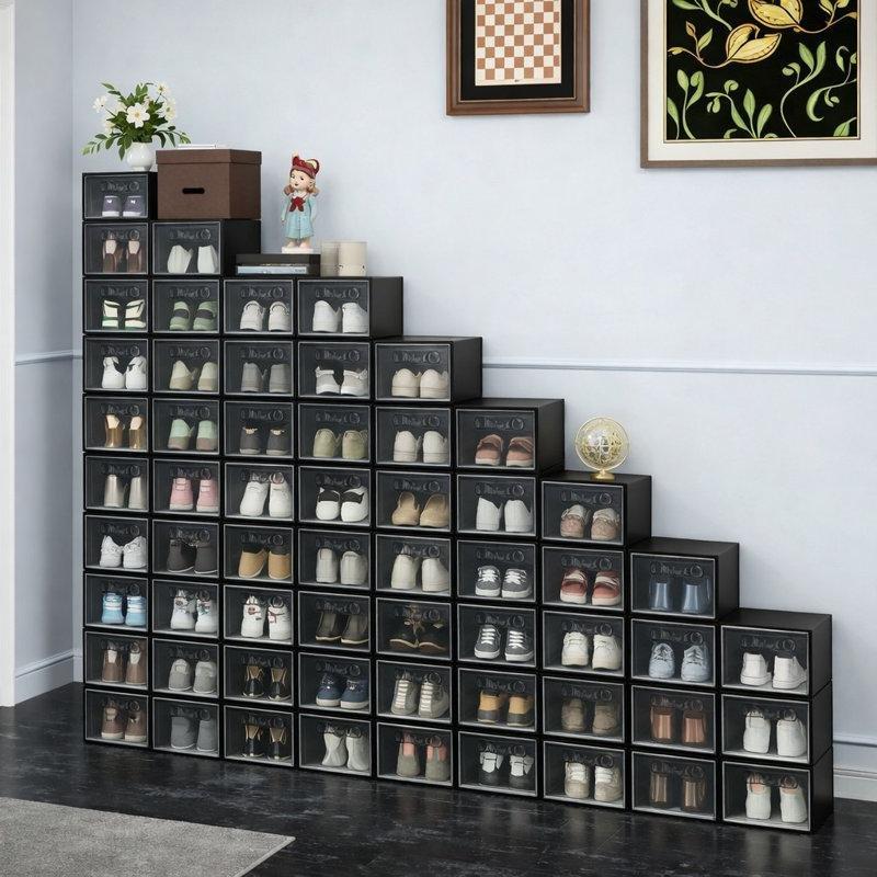 Siyah İstiflenebilir Şeffaf Kapaklı 48%27li Set Plastik Ayakkabılık - 19x25x36 cm - 121039