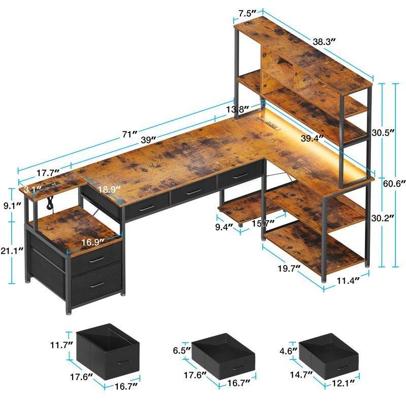 Siyah Kahverengi Endüstriyel Ahşap Ledli L Şekilli Bilgisayar Masası-154x77x48 cm - 116862