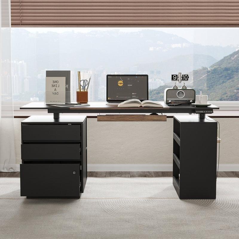 Siyah Kahverengi Endüstriyel Ahşap Yükseklik Ayarlı Çekmeceli Bilgisayar Masası-160x60 cm - 116739