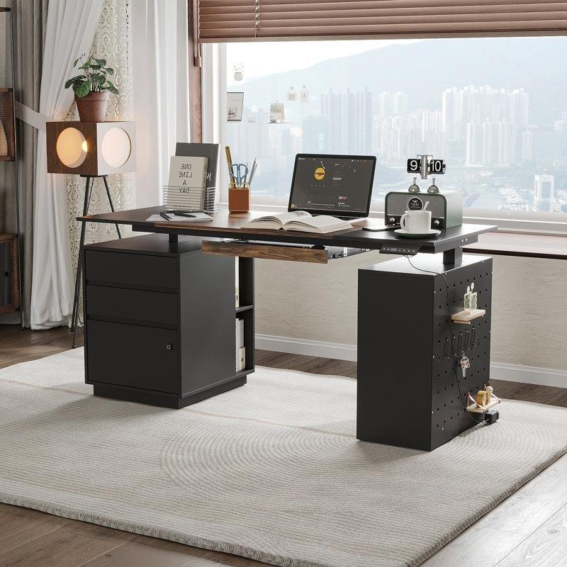 Siyah Kahverengi Endüstriyel Ahşap Yükseklik Ayarlı Çekmeceli Bilgisayar Masası-160x60 cm - 116739