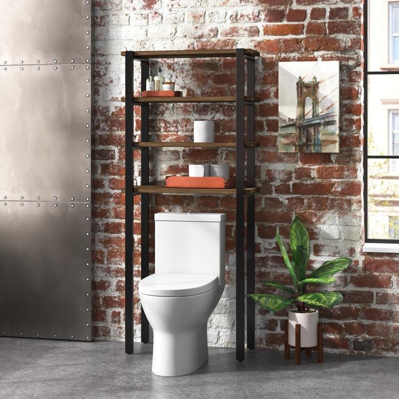 Siyah Kahverengi Masif Çam Ahşap Metal 4 Raflı Ferforje Banyo Dolabı-163x74x31 cm - 114151
