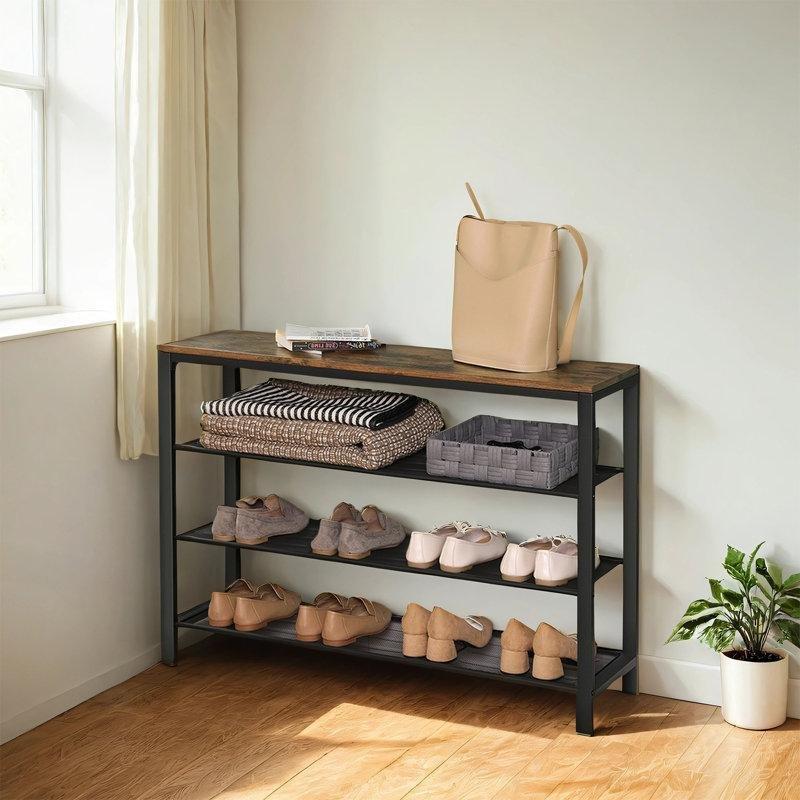 Siyah Kahverengi Metal Ahşap 4 Katlı Ayarlanabilir Ayaklı Ferforje Ayakkabılık - 101x30x72 cm - 121222