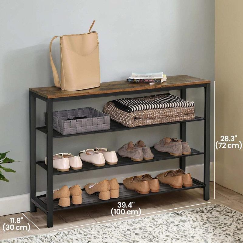 Siyah Kahverengi Metal Ahşap 4 Katlı Ayarlanabilir Ayaklı Ferforje Ayakkabılık - 101x30x72 cm - 121222