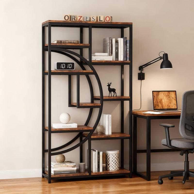 Siyah Kahverengi Metal ve Endüstriyel Ahşap 5 Katlı Geometrik Kitaplık - 175x95 cm - 141745