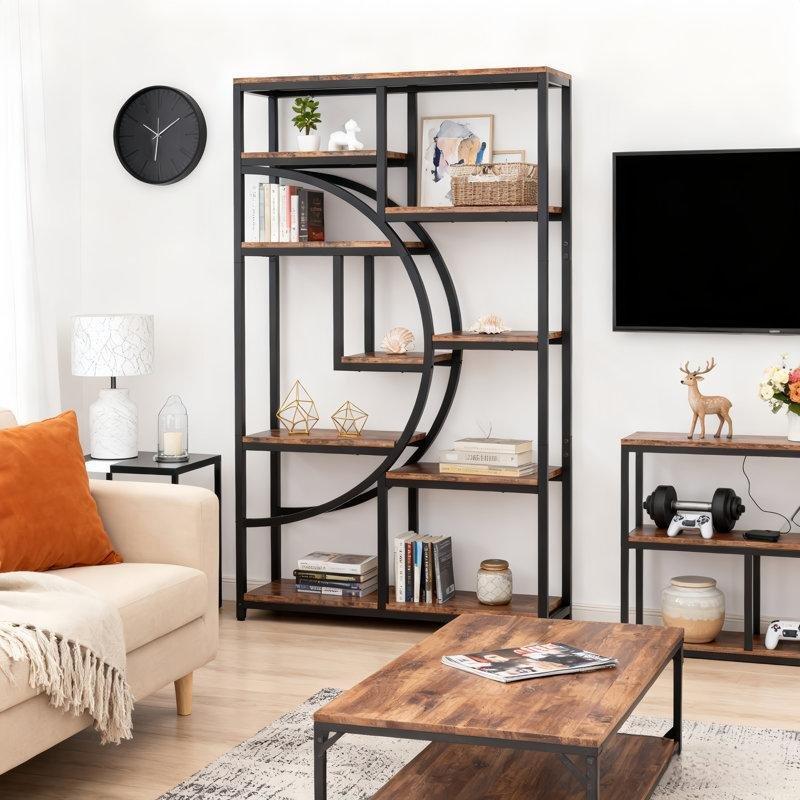 Siyah Kahverengi Metal ve Endüstriyel Ahşap 5 Katlı Geometrik Kitaplık - 175x95 cm - 141745