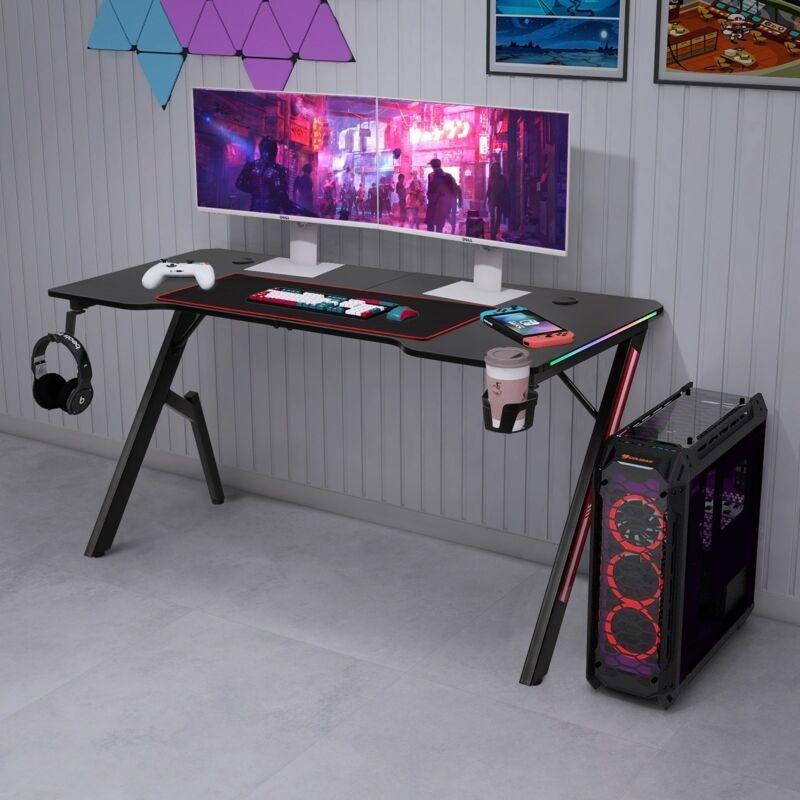 Siyah Karbon Fiber Kaplamalı RGB Ledli Oyuncu Bilgisayar Masası-140x60x72 cm - 116089