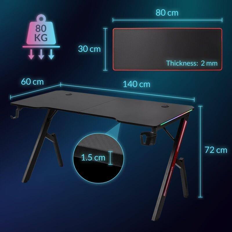 Siyah Karbon Fiber Kaplamalı RGB Ledli Oyuncu Bilgisayar Masası-140x60x72 cm - 116089