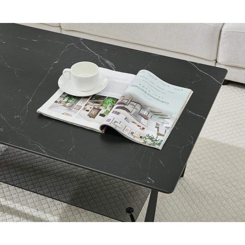Siyah Kayrak Raflı Cam Sehpa-47x111x60 cm - 117273