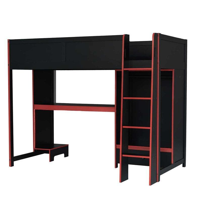 Siyah Kırmızı Masif Ahşap LED Işıklı Çalışma Masalı ve Dolaplı Gamer Ranza - 199x124 cm - 124233