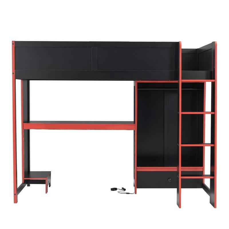 Siyah Kırmızı Masif Ahşap LED Işıklı Çalışma Masalı ve Dolaplı Gamer Ranza - 199x124 cm - 124233