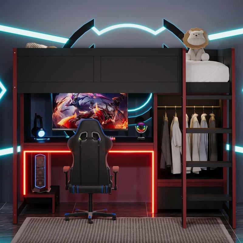 Siyah Kırmızı Masif Ahşap LED Işıklı Çalışma Masalı ve Dolaplı Gamer Ranza - 199x124 cm - 124233 Siyah Kırmızı Masif Ahşap LED Işıklı Çalışma Masalı ve Dolaplı Gamer Ranza - 199x124 cm - 124233