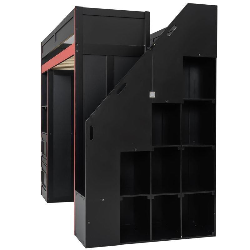 Siyah Kırmızı Masif ve MDF LED Işıklı Dolaplı Çalışma Masalı Oyuncu Ranza - 104x237x180 cm - 124203